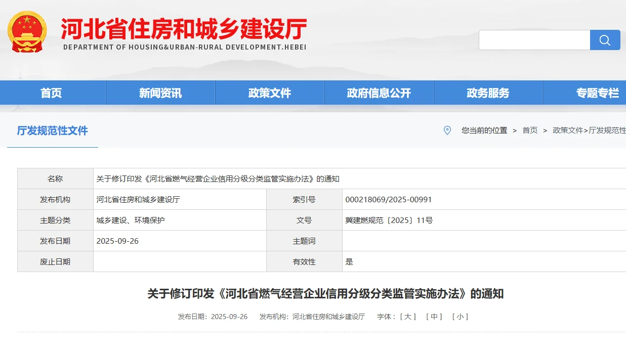 旧站行业新闻封面:河北省燃气经营企业信用分级分类监管